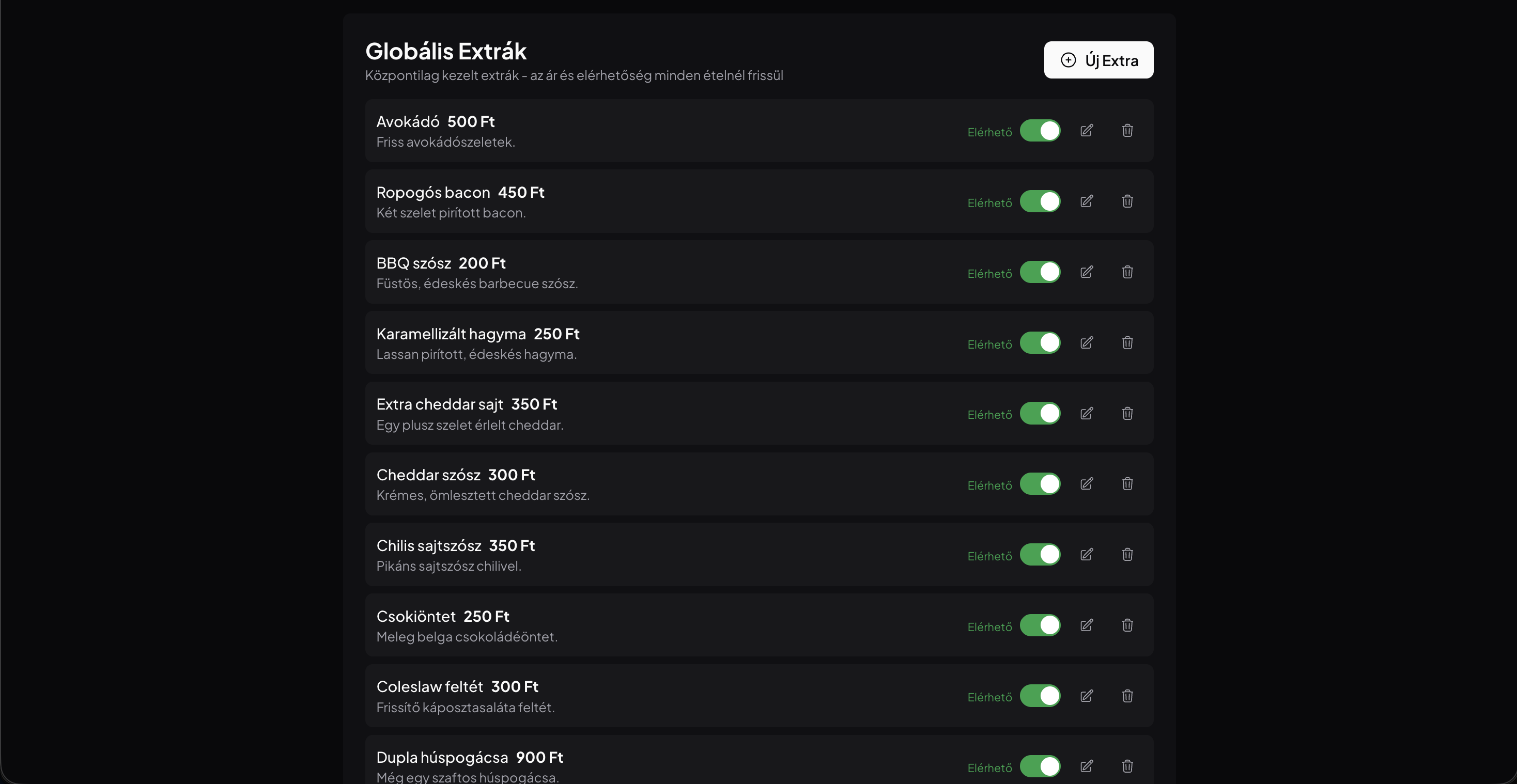 Étterem admin – globális extrák és feltétek kezelése árakkal