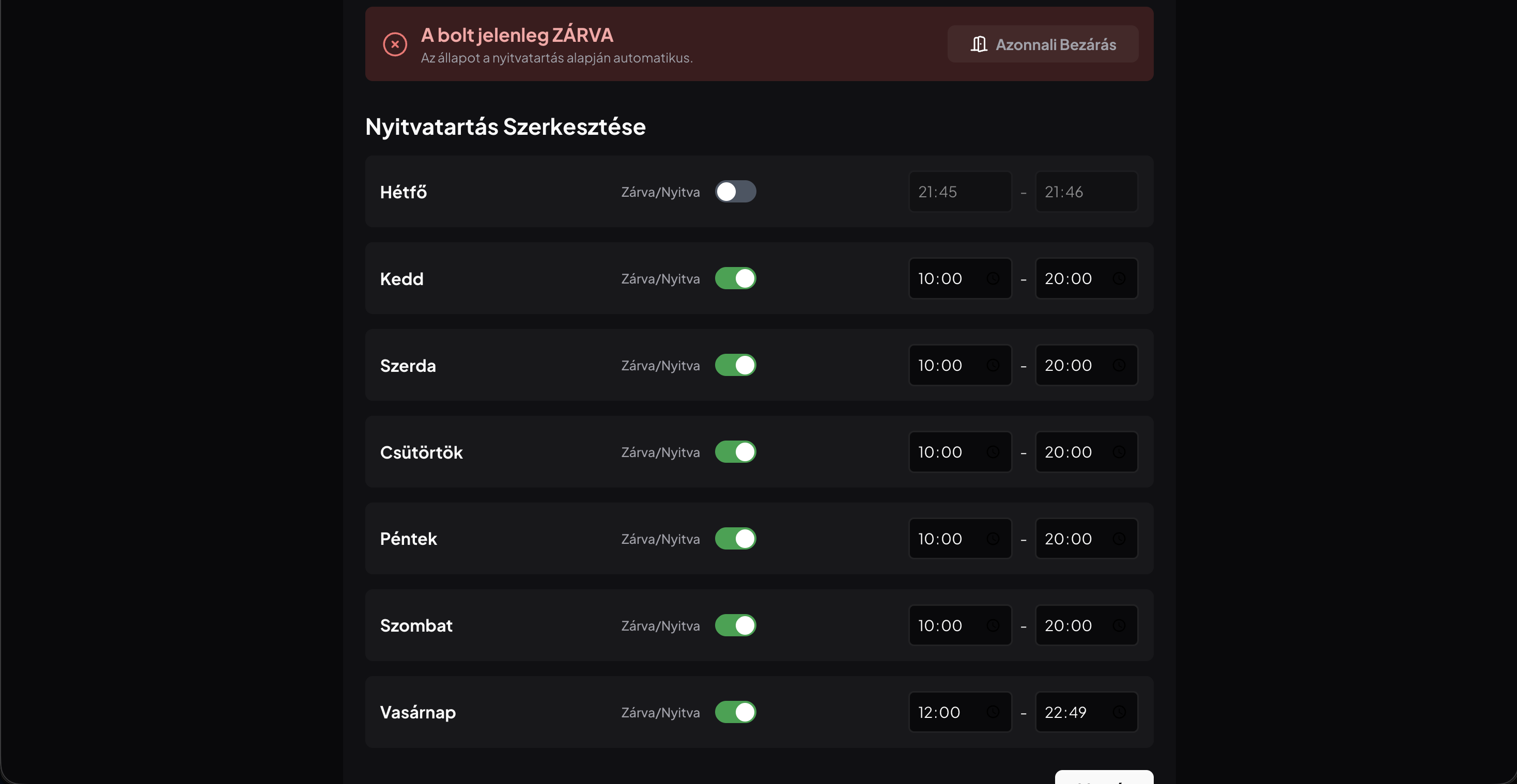 Étterem admin – nyitvatartás szerkesztése napokra bontva