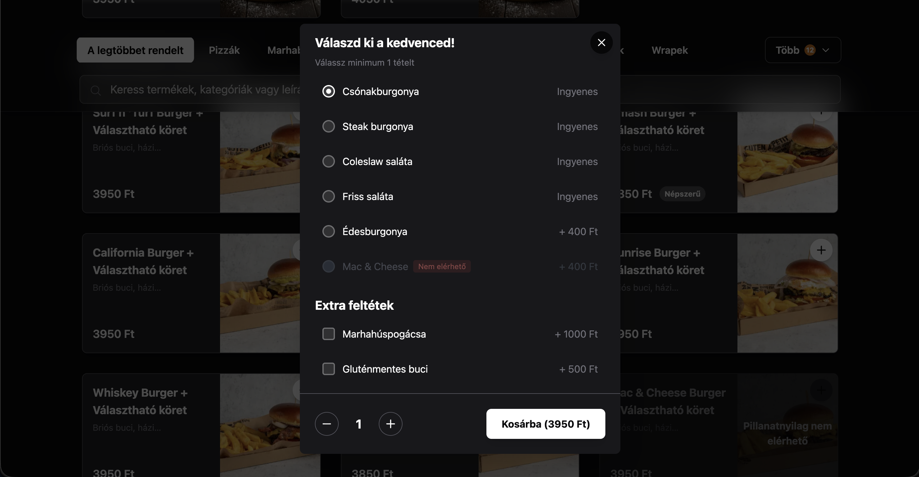 Étterem termékablak – köretek és extra feltétek választása, „nem elérhető” jelöléssel