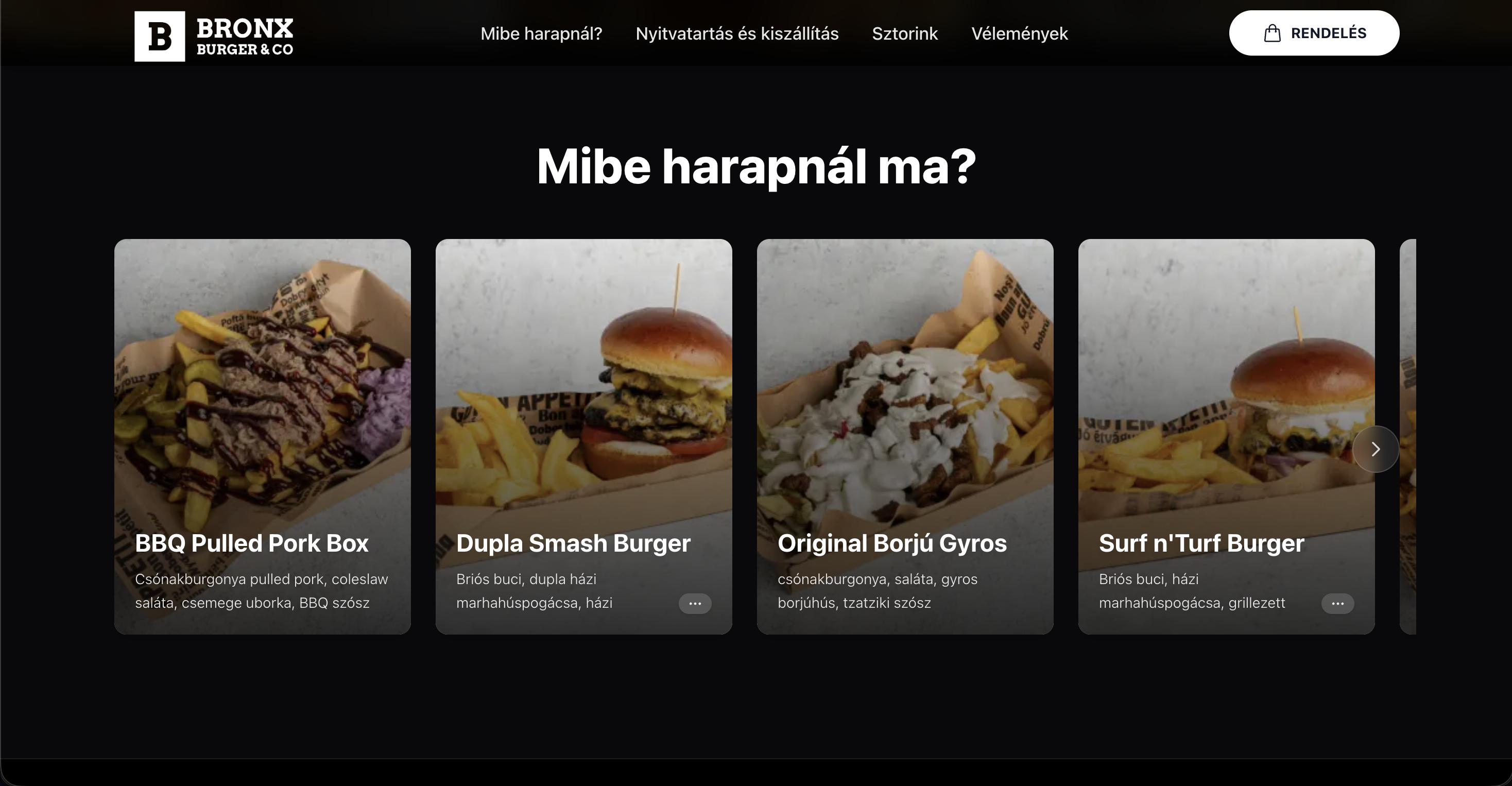 Étterem kedvcsináló szekció – kiemelt fogások kártyákon