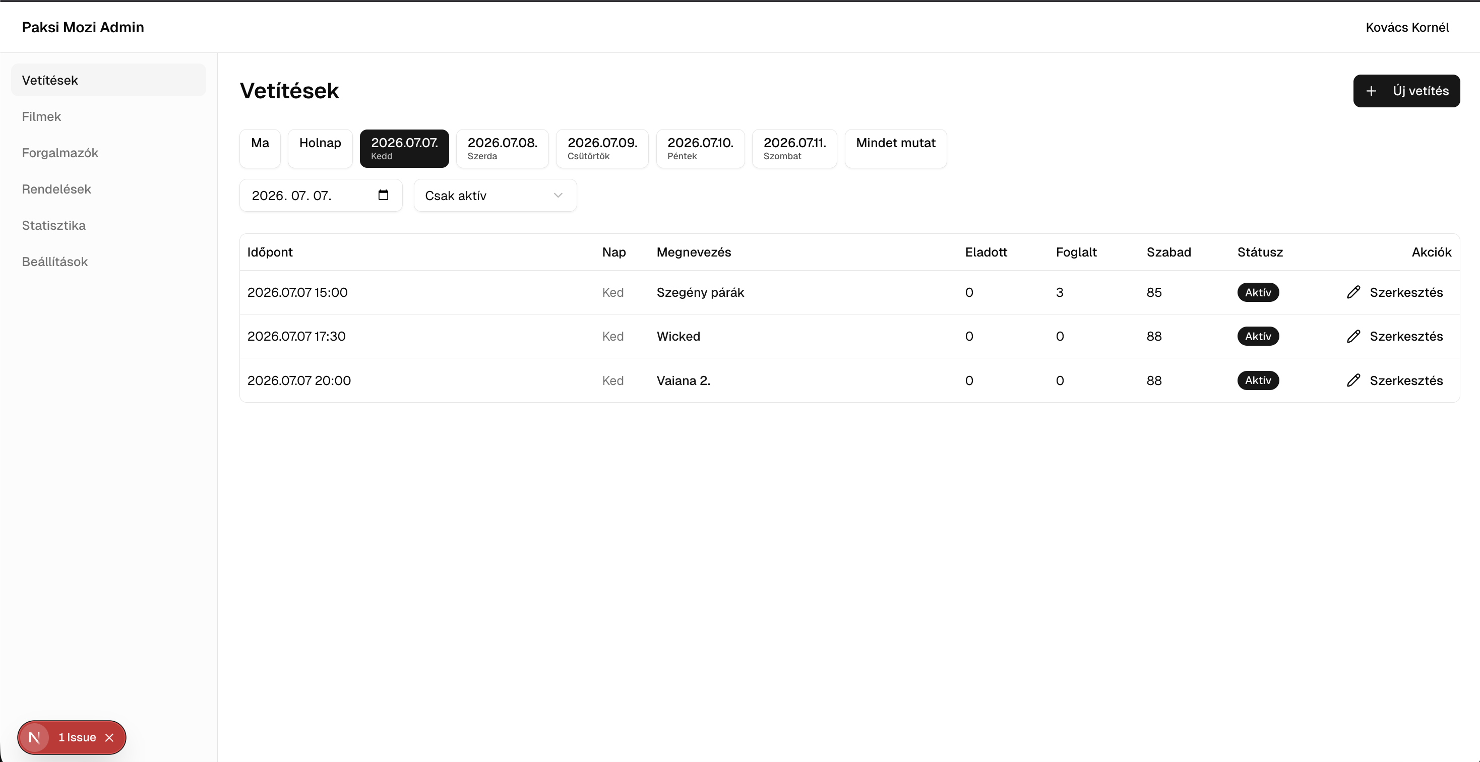 Paksi Mozi admin felület – vetítések és eladások áttekintése